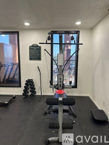A gym room with a row of dumbbells and a bench.