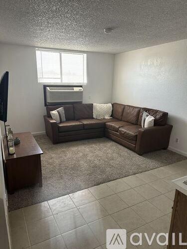 A living room with a brown couch and a television.