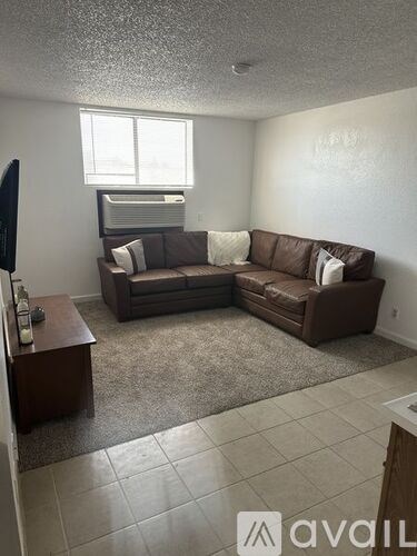 A living room with a brown couch and a television.