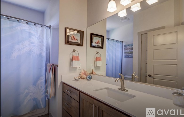 A bathroom with a sink, mirror, and a shower curtain.