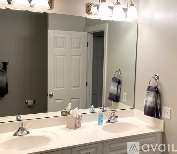 A bathroom with two sinks and a mirror.