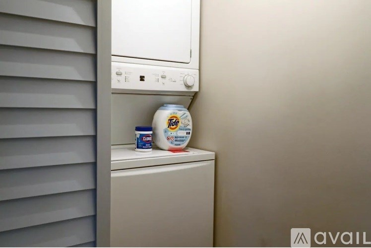 A can of Tide detergent sits on top of a washing machine.