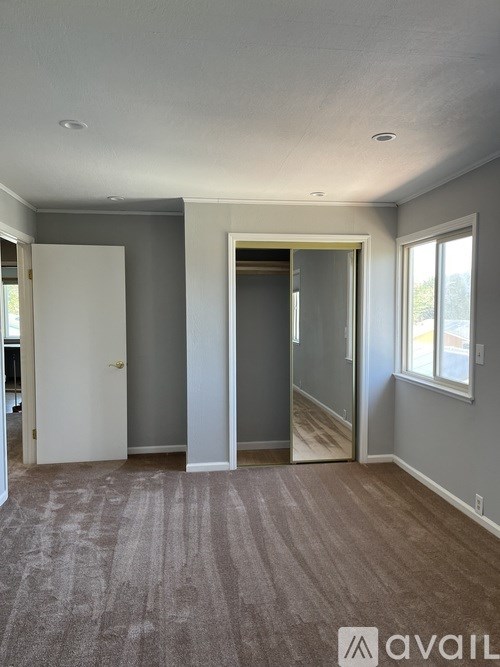 A room with a carpeted floor and a window.