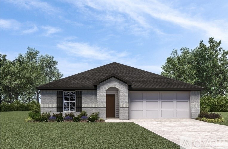 A two-car garage with a brick facade and a brown door.