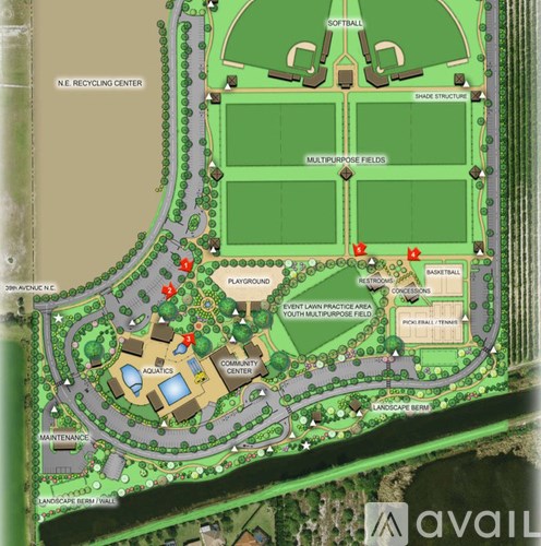 A map of a park with a baseball diamond, softball diamond, and soccer field.