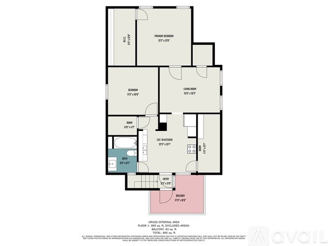 A floor plan of an apartment with a kitchen, living room, and two bedrooms.