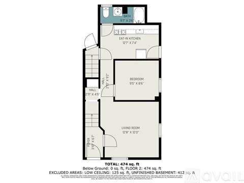 A floor plan of an apartment with a living room, bedroom, and bathroom.