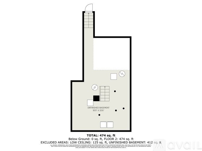 A floor plan of an unfinished basement with a total area of 474 sq.ft.