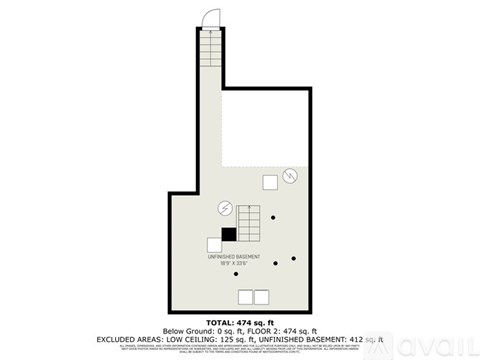 A floor plan of an unfinished basement with a total area of 474 sq.ft.