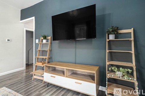 A room with a television, a ladder, and a shelf with plants.