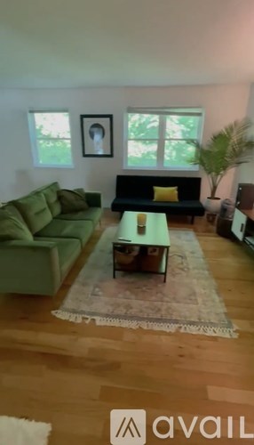 A living room with a green couch and a coffee table.
