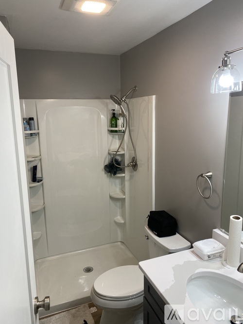 A bathroom with a toilet, sink, and shower.