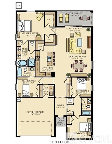 A floor plan of a house with a garage and two bedrooms.