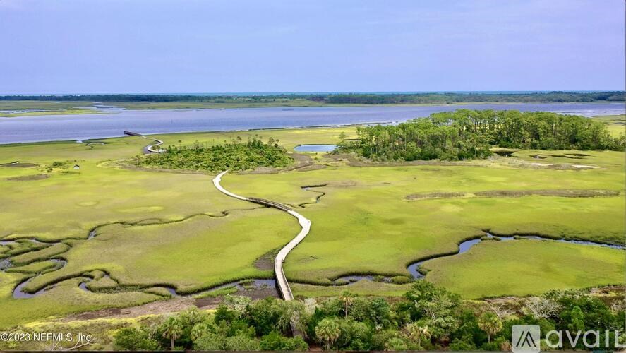 A winding path through a green marshy area.