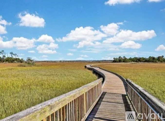 A wooden boardwalk meanders through a marshy wetland.