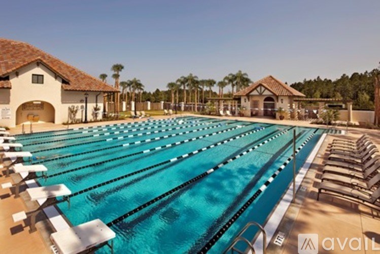 A large swimming pool with lane markers and sun loungers.