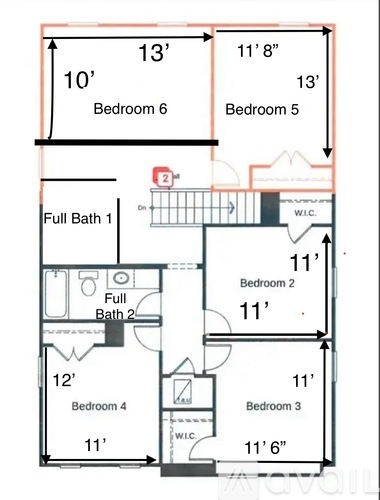 A floor plan of a house with six bedrooms and two full bathrooms.