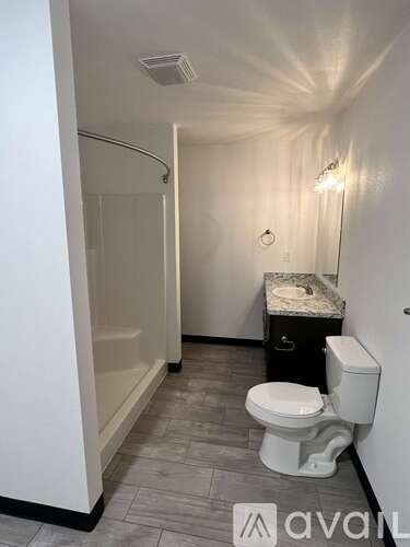 A bathroom with a toilet, sink, and shower.