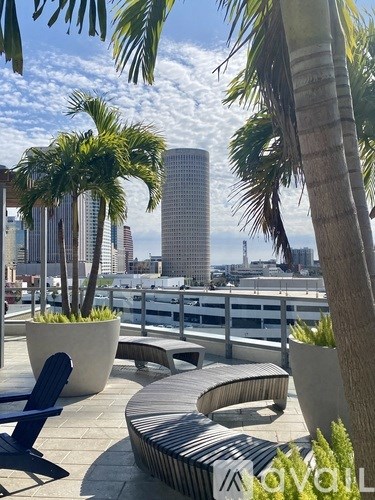 A cityscape with palm trees and a clear sky.