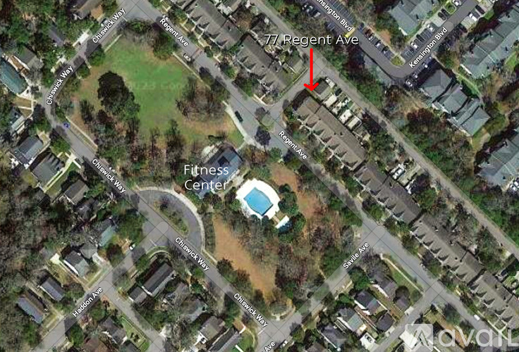A satellite image shows a neighborhood with a Fitness Center and a pool.