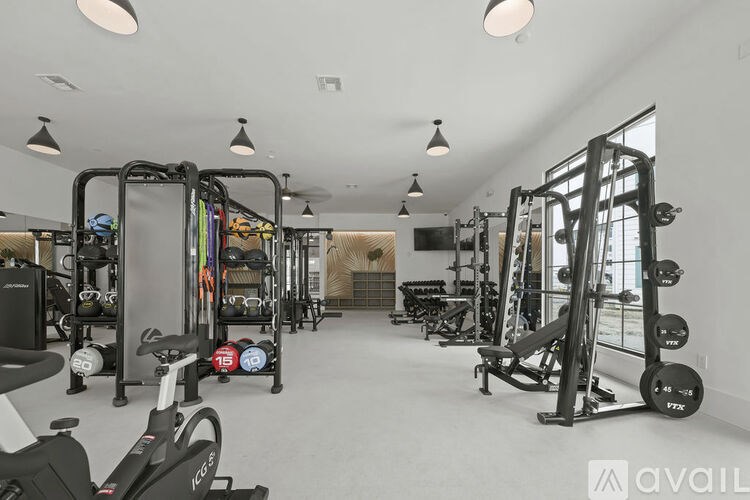 A gym with a variety of equipment including treadmills, weights, and exercise machines.