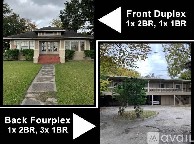 A real estate listing shows two photos of a house, one of the front and one of the back.