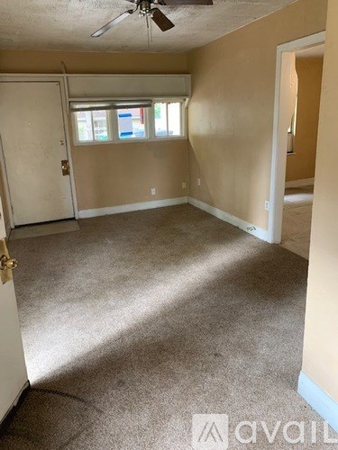 A room with a carpeted floor and a ceiling fan.