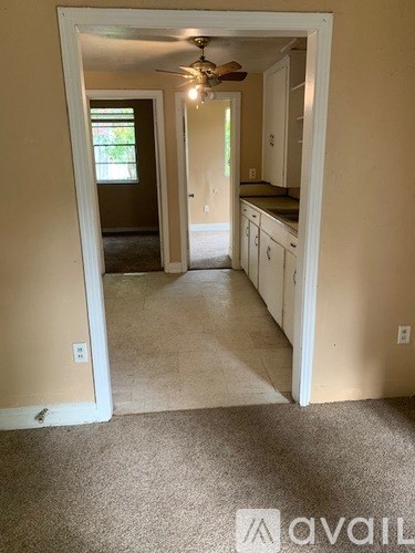 A hallway with a fan and carpeted floor.