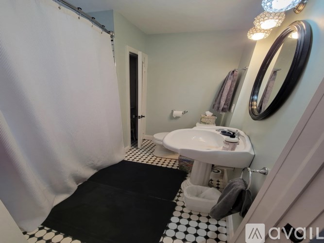 A bathroom with a sink, mirror, and shower curtain.