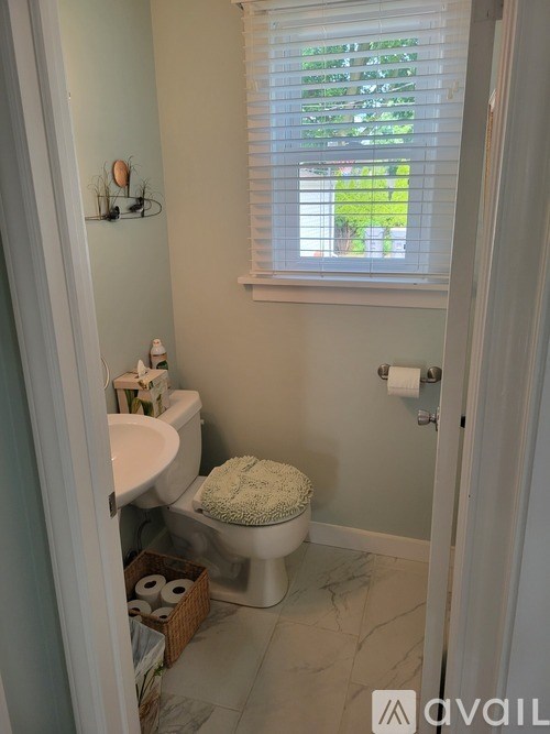 A bathroom with a toilet, sink, and window.