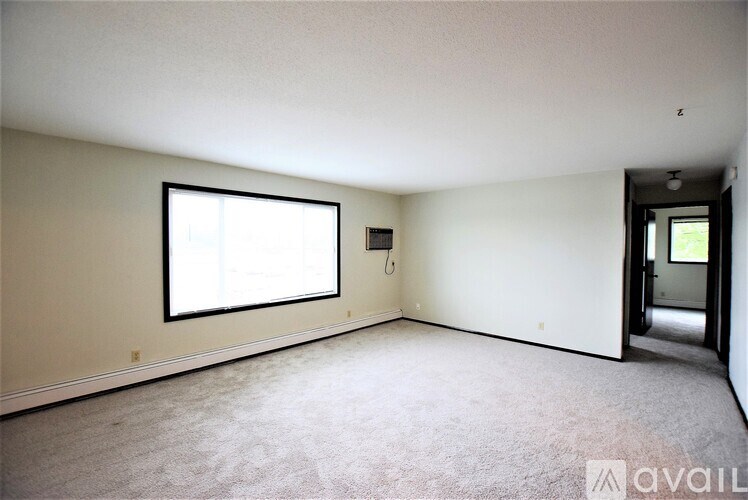 A room with a large window and carpeted floor.