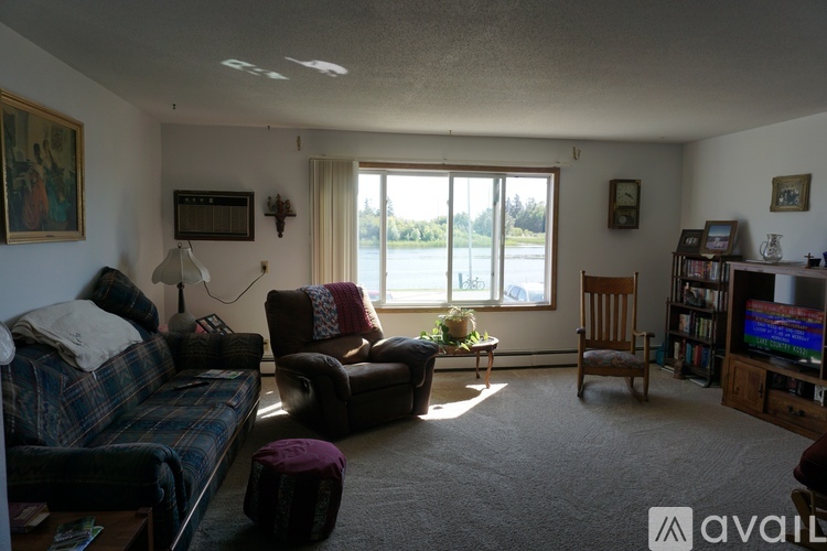 A living room with a couch, chair, ottoman, and television.