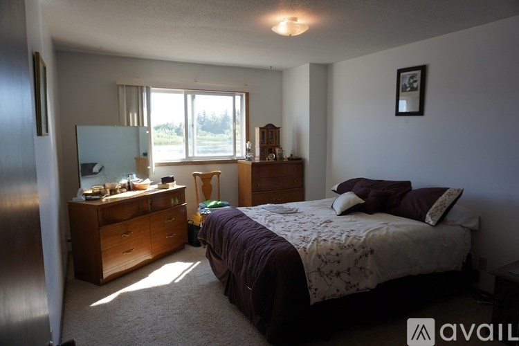 A bedroom with a bed, dresser, and mirror.