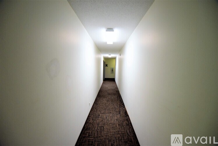 A long hallway with a carpeted floor and white walls.