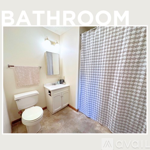 A bathroom with a toilet, sink, and shower curtain.