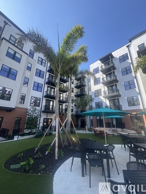A swimming pool surrounded by palm trees and apartment buildings.