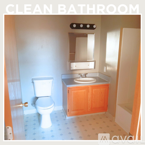 A clean bathroom with a toilet, sink, and mirror.