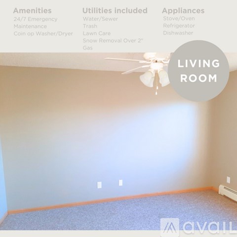 A living room with amenities, utilities and appliances listed.