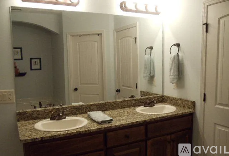 A bathroom with two sinks and a mirror.