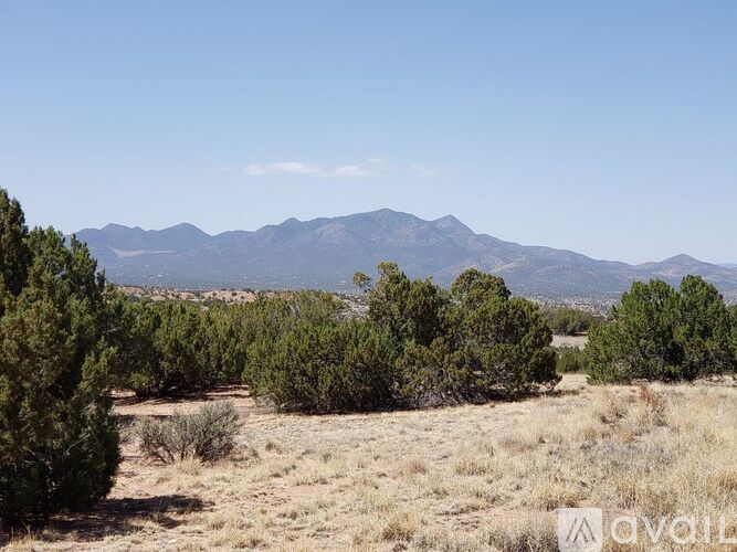 A landscape with trees and mountains in the distance.
