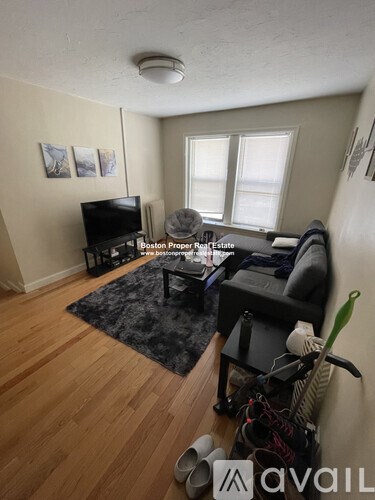 A living room with a black couch and a television.