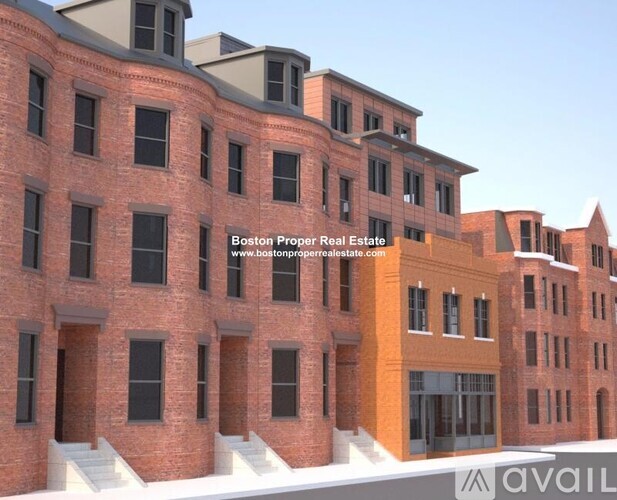 A rendering of a red brick building with the text "Boston Proper Real Estate" and a website address.