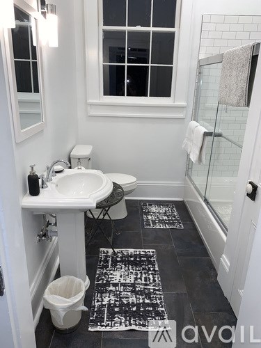 A bathroom with a white sink and a black and white rug.