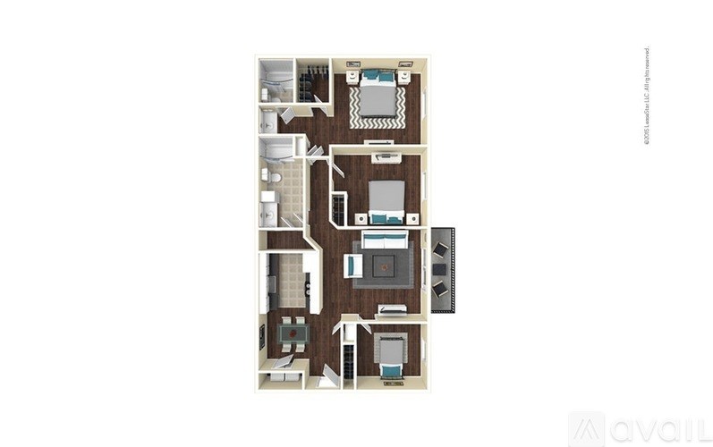 A floor plan of an apartment with a kitchen, living room, and two bedrooms.