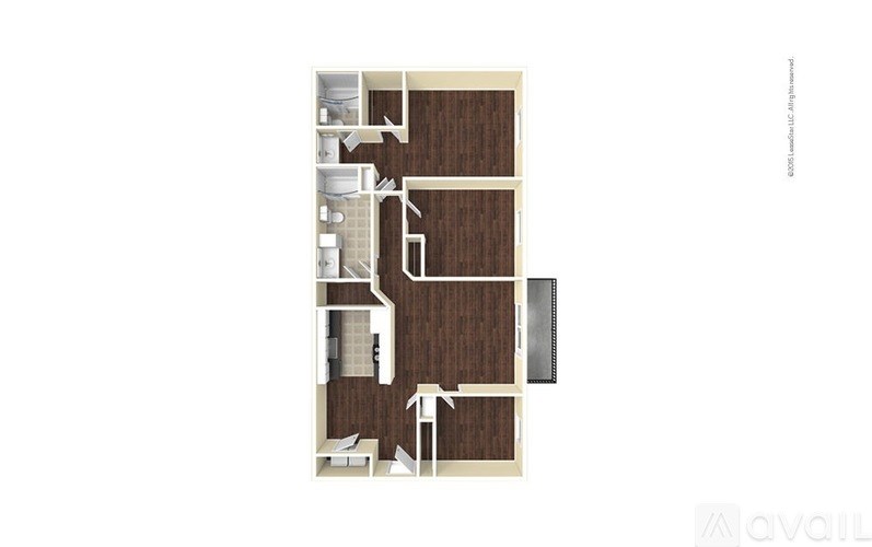 A floor plan of a house with a kitchen, living room, and two bedrooms.