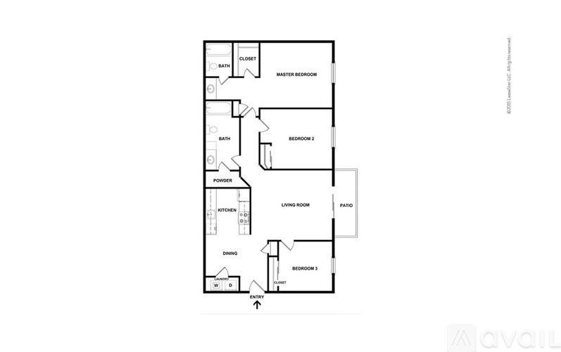 A floor plan of a house with a living room, dining room, kitchen, three bedrooms, a bathroom, and a master bedroom.