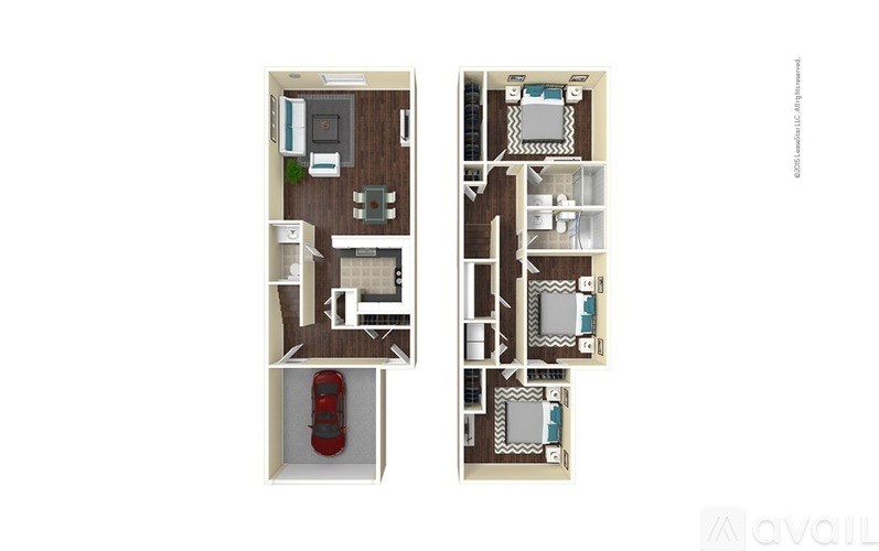 A floor plan of a small apartment with a kitchen, living room, and bedroom.