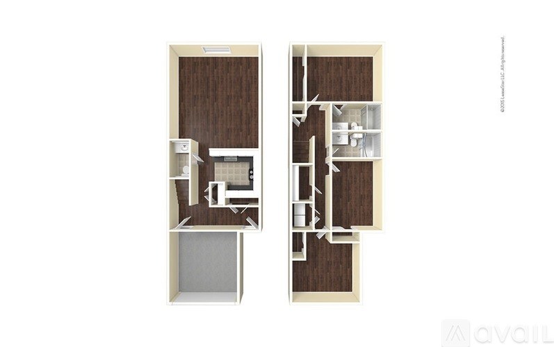 A floor plan of a small apartment with a kitchen, living room, and bathroom.