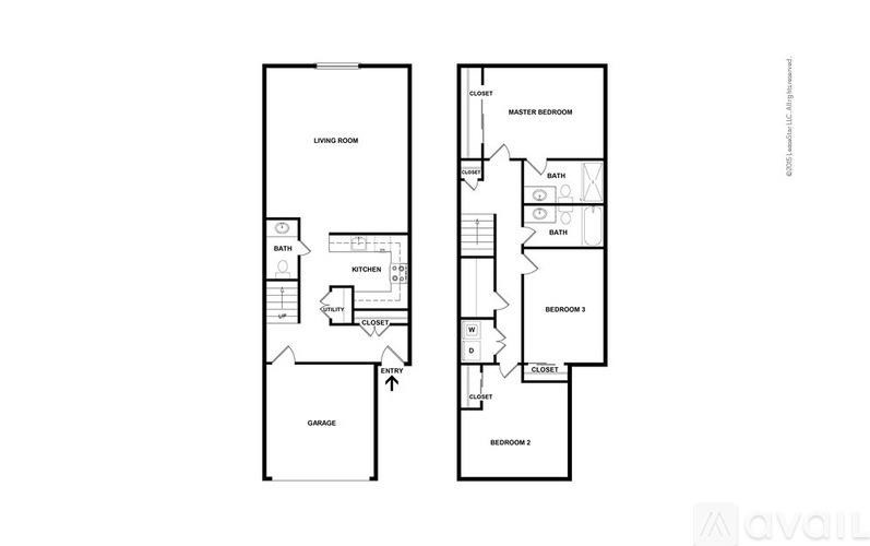A floor plan of a two-bedroom apartment with a living room, kitchen, bathroom, and two bedrooms.