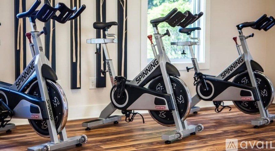 A row of Spinning bikes are available for use.